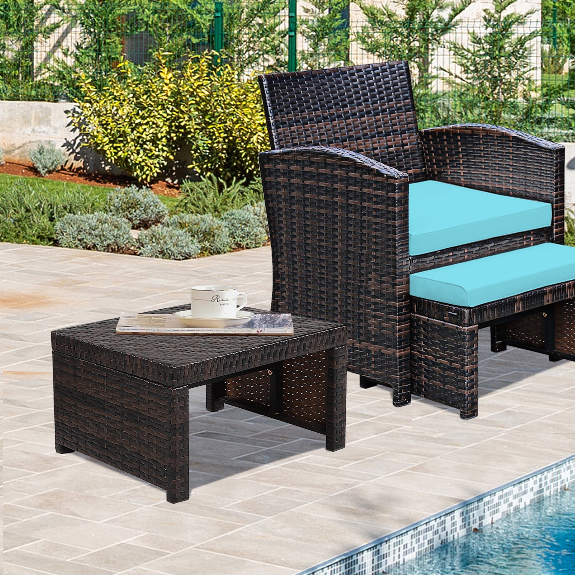 Gymax Set of 2 Rattan Ottoman Footrest Footstool Patio Furniture w Turquoise Cushion Walmart