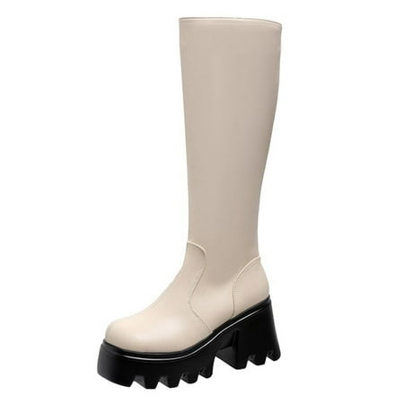 

Ladies Casual Comfort Boots Shoes Ladies Fashion Solid Color Leather Side Zip Heel Platform Casual Long Boots