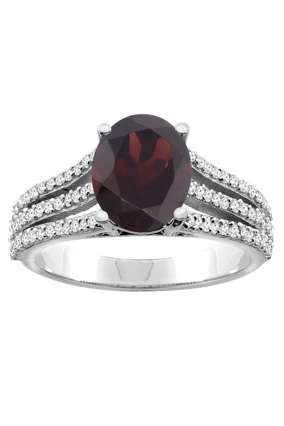 10K White Gold Natural Garnet Tri-split Ring Oval 9x7mm Diamond Accents, size 7