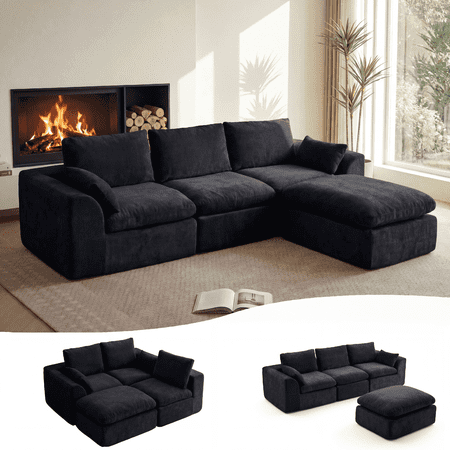 108" Modern Cloud Couch, Plush L Shaped Sectional Couch with Ottoman, Comfy Boneless Couch Modular Sofa, High-Density Memory Foam Deep Seat, No Assembly Required, Pet-Friendly, Black