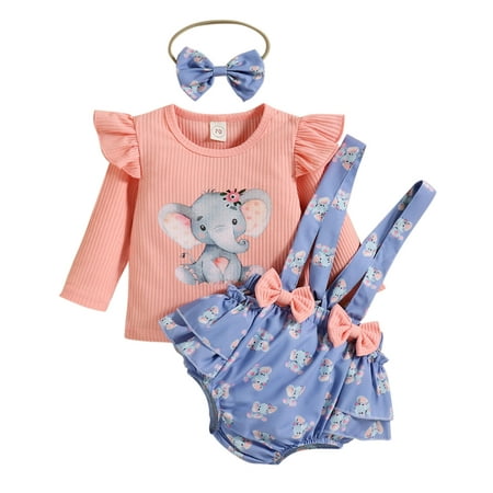

Toddler Baby Girl Outfit Long Sleeve Cartoon Dairy Cow Prints Ribbed Tops T Shirt Ruffles Suspenders Shorts Headbands Infant Clothes Set