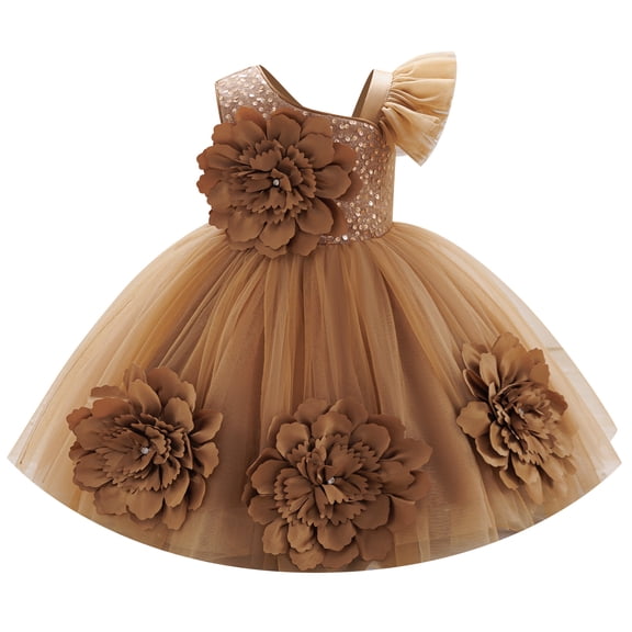IDOPIP Toddler Flower Girl Dress Wedding Pageant Sparkle Sequin 3D Flowers Dress Asymmetric Shoulder Birthday Formal Tutu Dresses Party Gown 2-3 Years Coffee