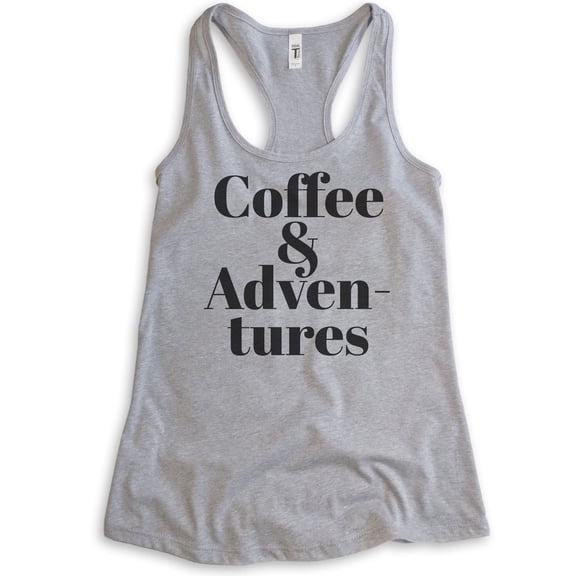 Coffee & Adventures Tank Top, Ladies Racerback Tank Top, Coffee Tank, Caffeine Espresso Tank, Cafe Tank, Heather Gray, Medium
