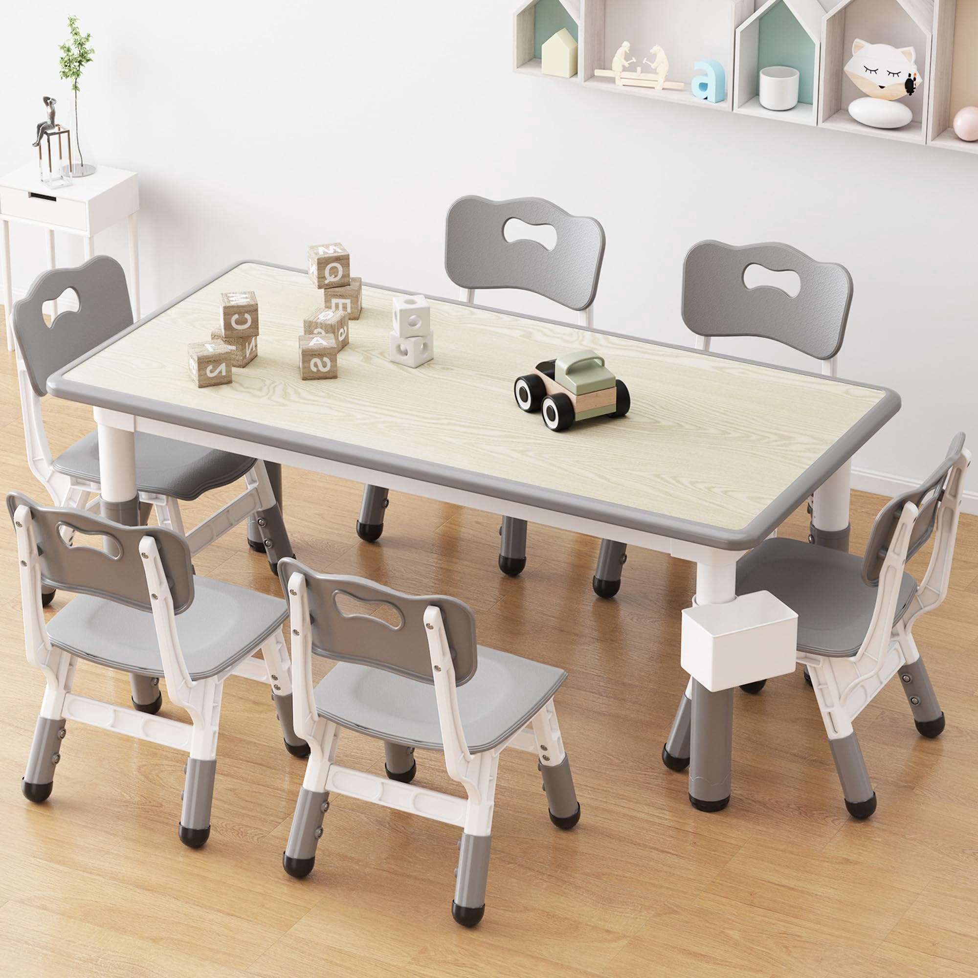 Accreate Kids Table & 6 Chairs Set with Storage Box - Height Adjustable Toddler Table for Ages 2-10, Graffiti Desktop, Non-Slip Legs - Ideal for Daycare, Classroom & Home Activities