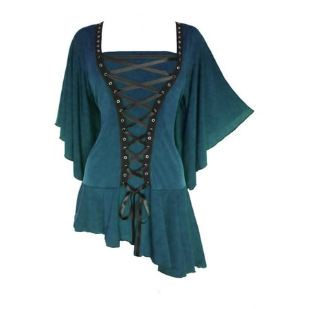 Dare to Wear Alchemy Corset Top: Gothic Steampunk Punk Rock Women s Plus Size Asymmetric Shirt  Blue Jade 2x