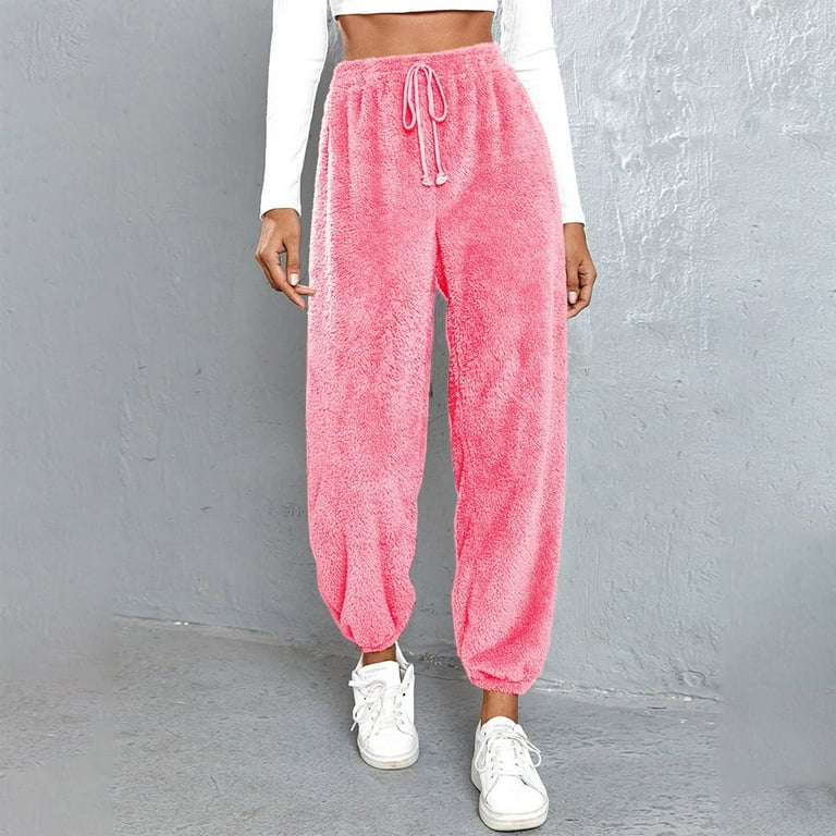 Hfyihgf Women’s Fuzzy Fleece Sweatpants Baggy Cinch Bottom Lounge Pants  Drawstring Trendy Casual Athletic Joggers with Pockets(Hot Pink,S)