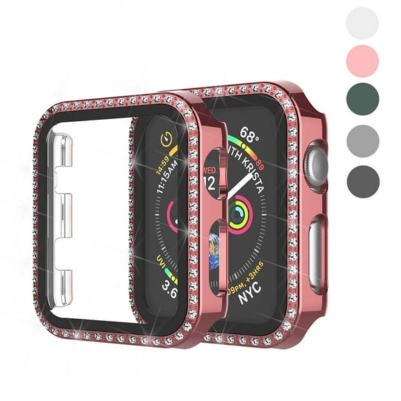 Takfox Apple Watch Case with Tempered Glass Screen Protector for iWatch 38mm Series 3/2/1, Anti-Scratch Hard PC Bumper Full Body Cover Bling Diamond Rhinestone Frame for Women Girls-Rose Gold