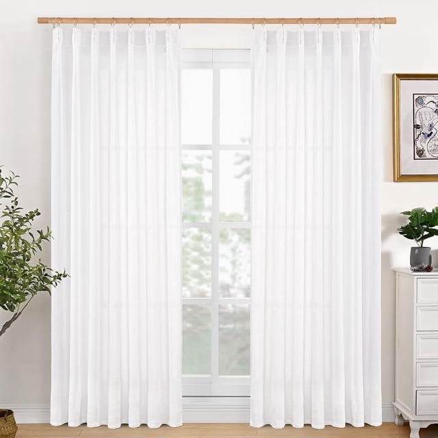 White Pinch Pleated Curtains 84 Inch Long, Linen Living Room Pleat Curtains Back Tab Light Filtering Privacy Window Drapes, 40W X 84L, 2 Panels