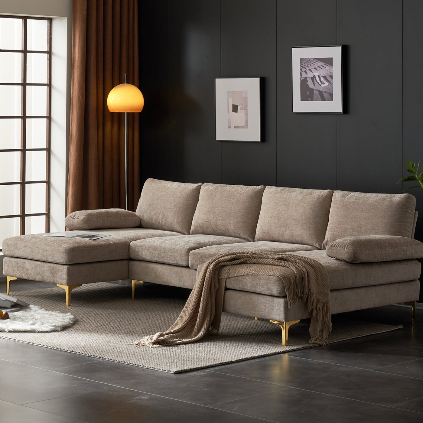 Ktaxon 110" U-Shaped Chenille Sectional Sofa - Camel
