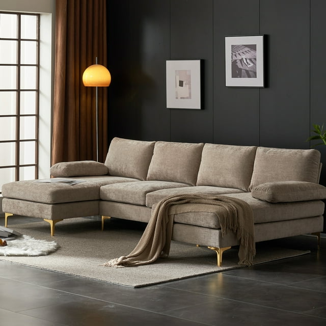 Ktaxon Ensemble de Canapé Sectionnel, Canapé en U de 110 Pouces en Chenille, Fauteuil-Lit 4 Places avec Double Méridienne pour Salon Couleur Chameau