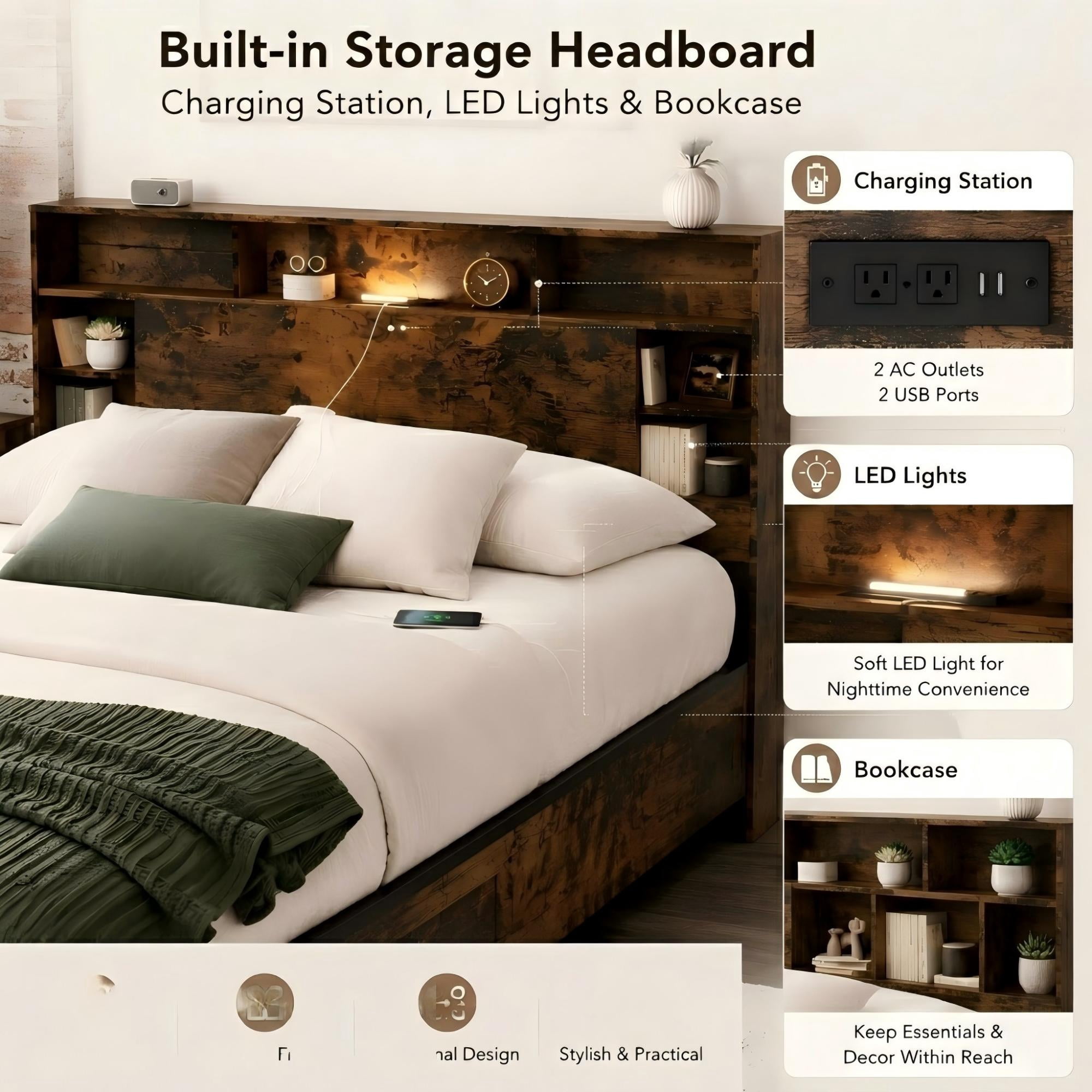 Aukfa Queen Size Bed Frame with Charging Station, Storage Headboard & LED Lights, Farmhouse Wood Platform Bed, Brown