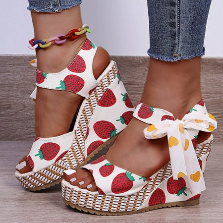 

Lilgiuy Women Cute Fruit Printed Summer New Bow Knot Wedge Sandals Shoes