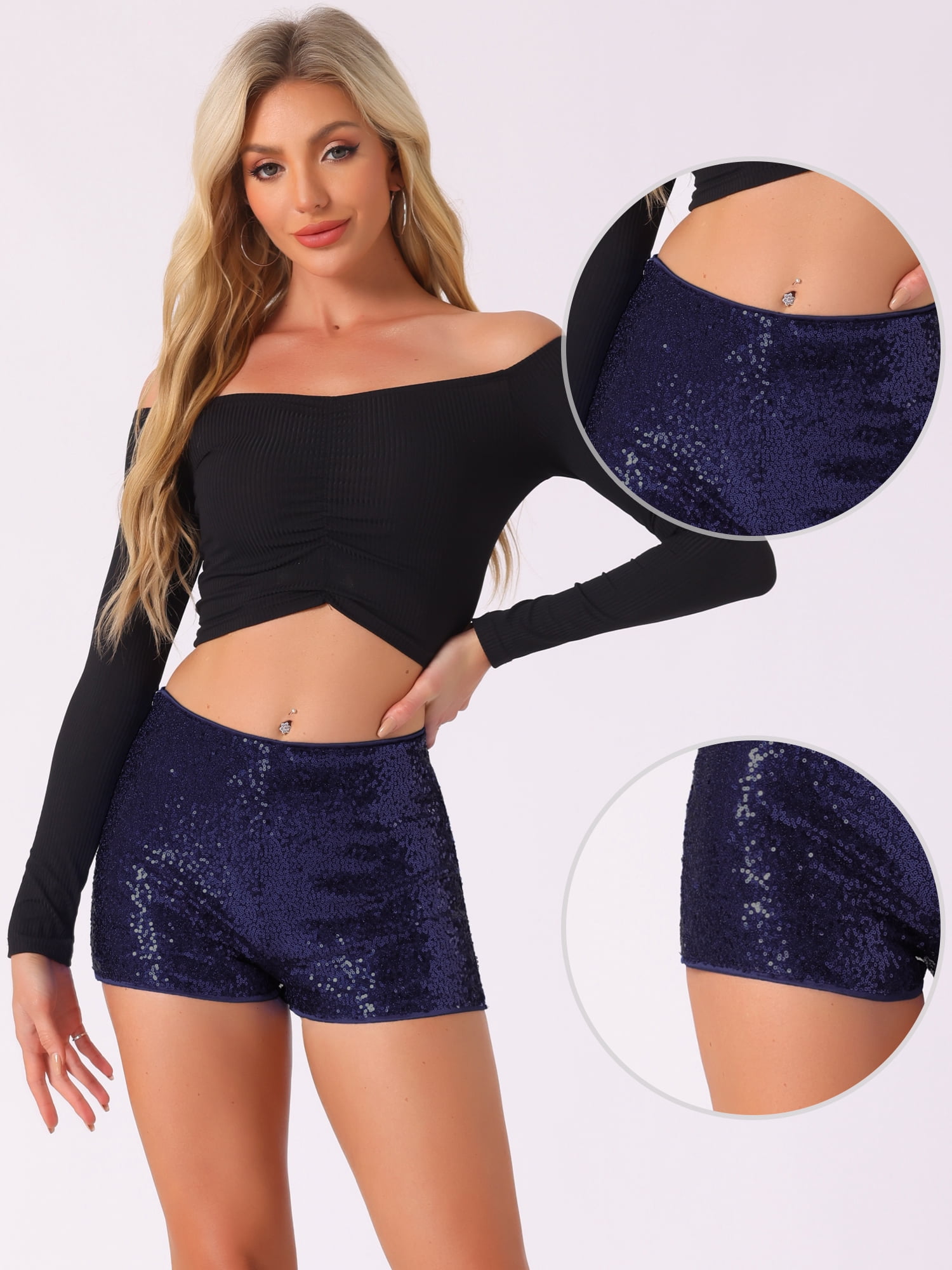 DARING DIVA Women's Midrise Solid Sparkle Coctail Sequin Shorts S Dark Blue