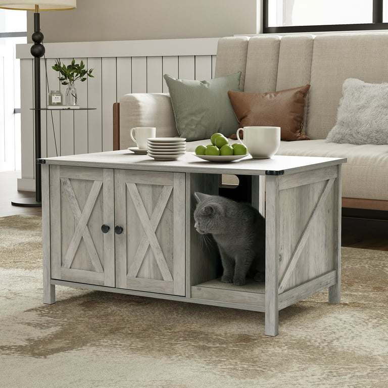 Pellebant Enclosed Cat Litter Box Furniture Gray with Cat Scratching Board