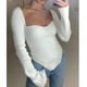 thumbnail image 4 of Blusa de punto de manga larga sin tirantes, color blanco, con dobladillo irregular para fiestas y compras, talla S, 4 of 8