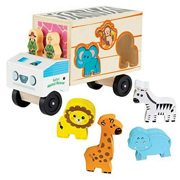 Bundaloo Safari Animal Shape Sorter Truck - Wooden Vehicle with Zebra, Lion, Elephant, Giraffe & Rescue Rangers Figures - Fun Educational Toys for Preschool Toddlers - Birthday Gifts for Boys & Girls