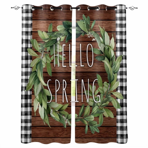 Farmhouse Green Garland Blackout Curtains for Bedroom Living Room Darkening Curtains 84 Inch Length 2 Panels Set Spring Black Plaid Wood Grain Window Curtain Window Treatment Grommet Drapes 42"x84"