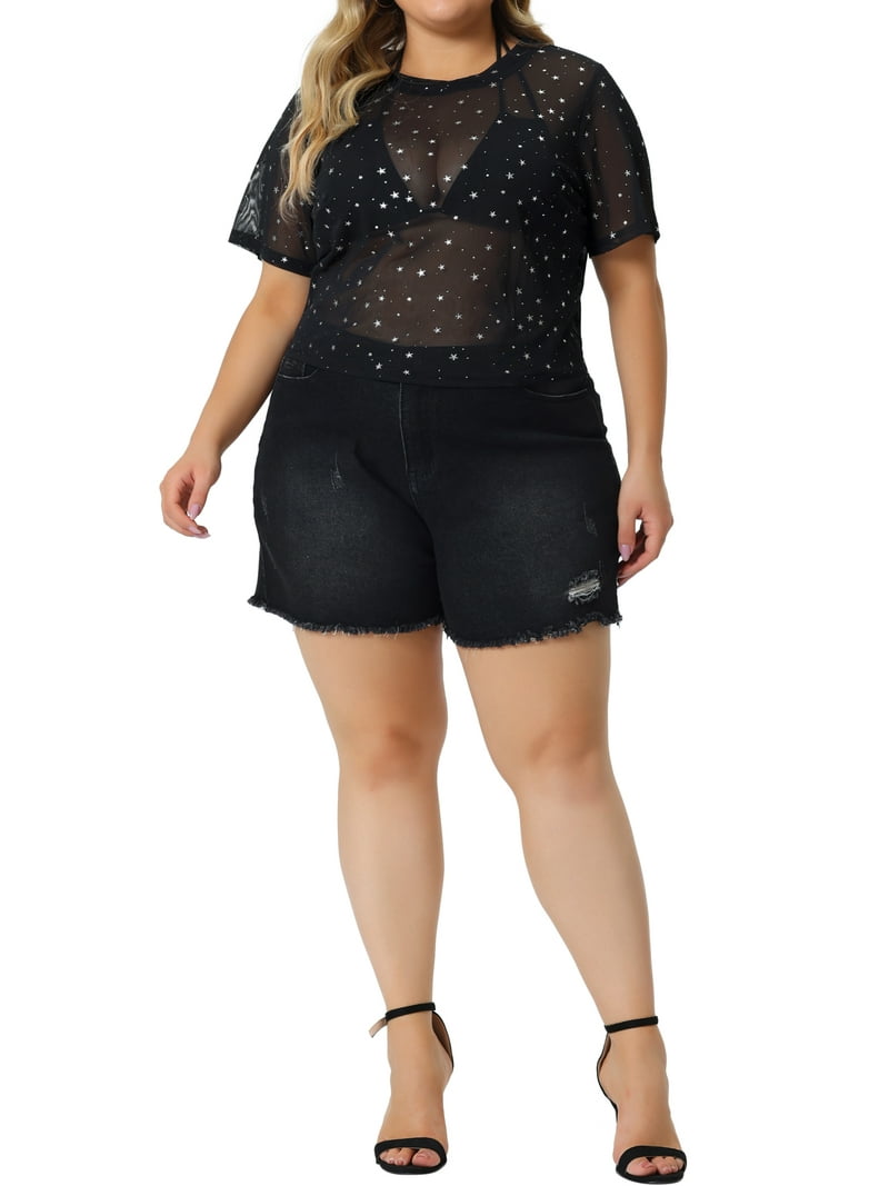 トップス JSELF Mesh Short Tops BLACK Unique Bargains Women's Plus Size Mesh Top Round Neck Short