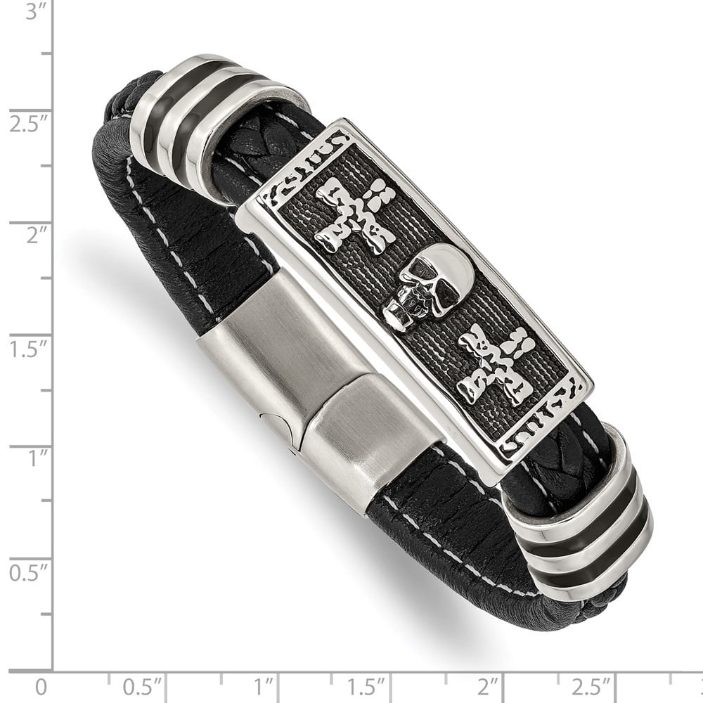 Diamond2Deal Stainless Steel Enameled Skull with Crosses Black Braided Faux Leather Bracelet for Men 8.5"