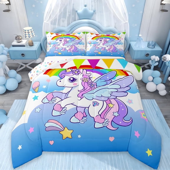 Erosebridal Cute Unicorn Bedding Sets Twin with Comforter,Rainbow Galaxy Starry Duvet Insert,Purple Blue Comforter Sets Twin Size For Girls,Ultra Soft Bedroom Decorative Reversible,2pcs