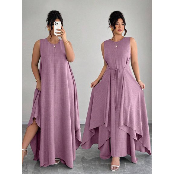 Women Purple Sleeveless A-Line Dress With Tie-Up Waist And Asymmetric Hem