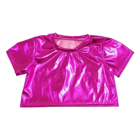 HNMKIU Girls Metallic Shiny Performance Dance Top Cool Robot Short Sleeve Crop Tee For Stage Shows And Role Play Hot Pink,9-10 Years