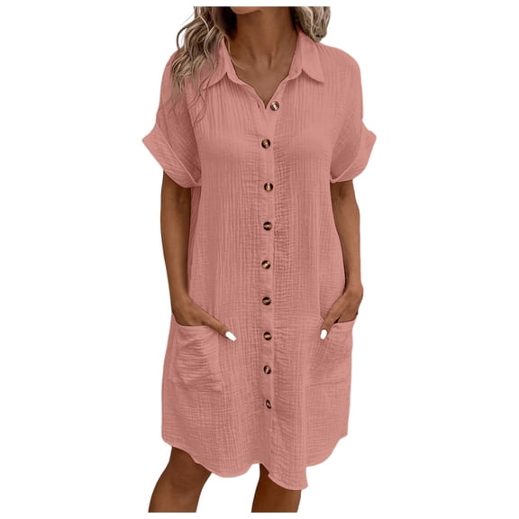Jamsmile Women Shirt Dress Summer Casual Solid Color Button Mid Length Short Sleeve Loose Shirt Casual Beach Sundress With Pockets