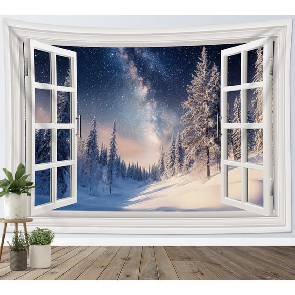 HVEST Winter Snow Forest Tapestry Wall Hanging Winter Window Snow Pine Tree Forest Wall Tapestry for Bedroom Galaxy Sky Tapestry for Living Room College Dorm Home Decor,60x40 inch