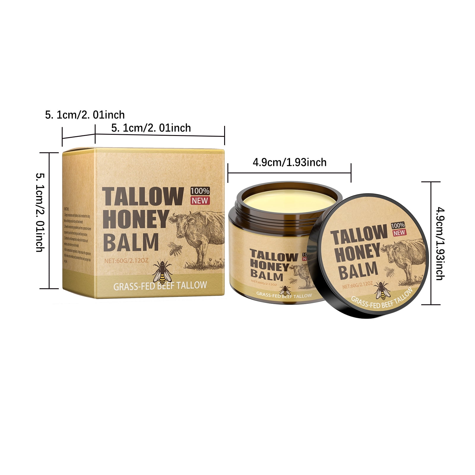Alvantor Grass-Fed Beef Tallow Honey Balm, Facial Moisturizer Cream for Dry Sensitive Skin, 2.12oz