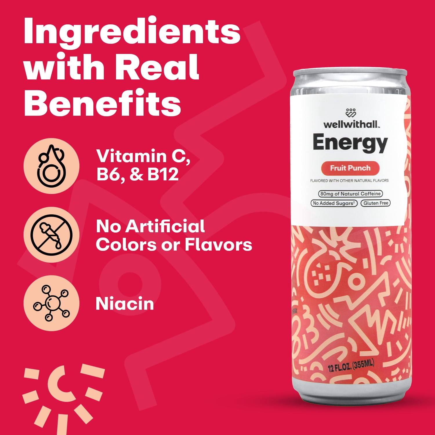 WellWithAll Energy Drink - Fruit Punch - Natural Caffeine - Lightly Sparkling 12 oz, 12 Pack