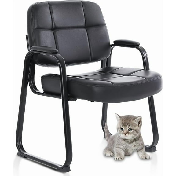 Big & Tall Waiting Room Guest Chair with Bonded Leather Padded Arm Rest and Sled Base for Office Reception Lobby and Conference Desk, Black