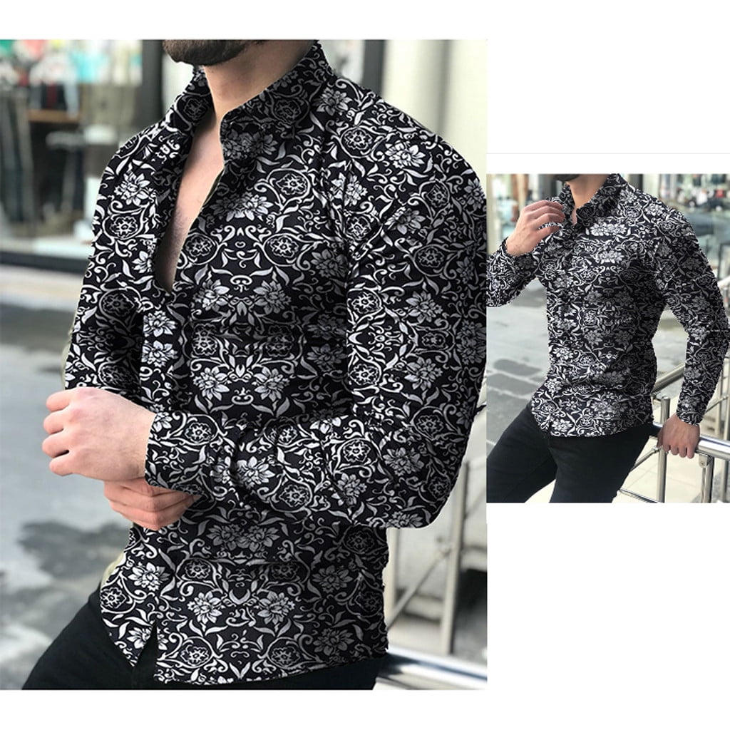 YYG Mens Shirts Casual Floral Printing Long Sleeve Button Up Stretchy Shirt Top