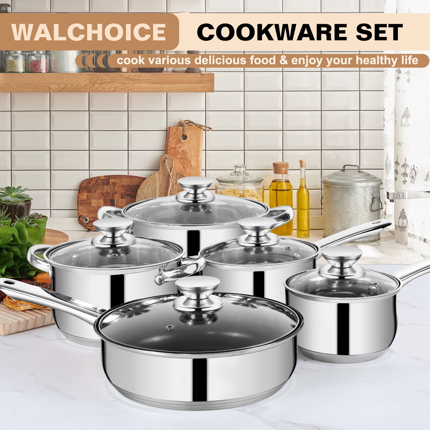 Walchoice 13-Piece Stainless Steel Cookware Set, Kitchen Pots and Pans Set with Glass Lid for Cooking, Induction & Dishwasher Safe, Silver