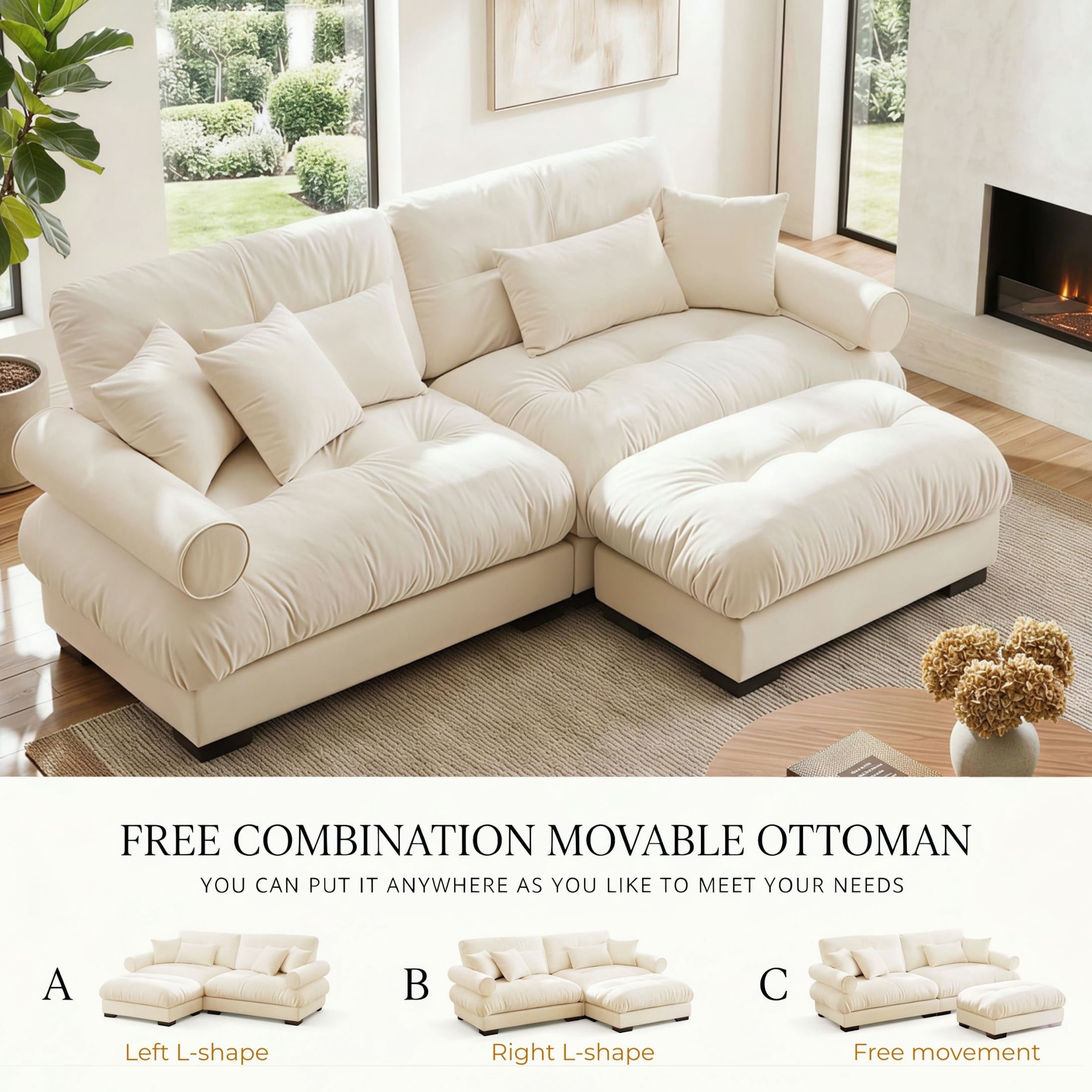 Amuille 93.7" Modular Sectional Sofa Velvet L Shaped Cloud Couch, 2-Seat Deep Seat Sofa for Living Room, with 4 Pillows, Cream