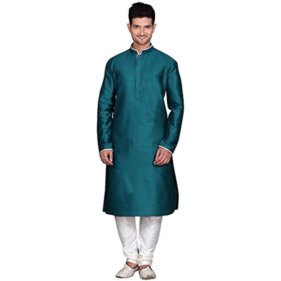 Royal Kurta Men's Dupion Silk Contrast Piping Kurta Churidar Turquoise