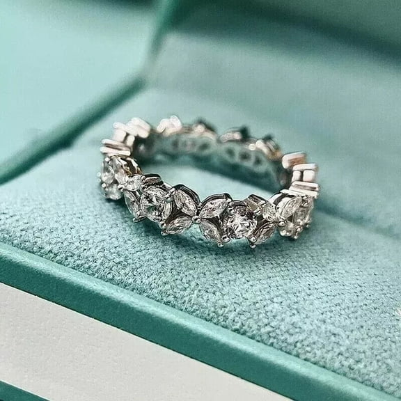 Hitanshu Jewels Marquise Cut Cubic Zirconia Full Eternity Band Ring 14K White Gold Plated