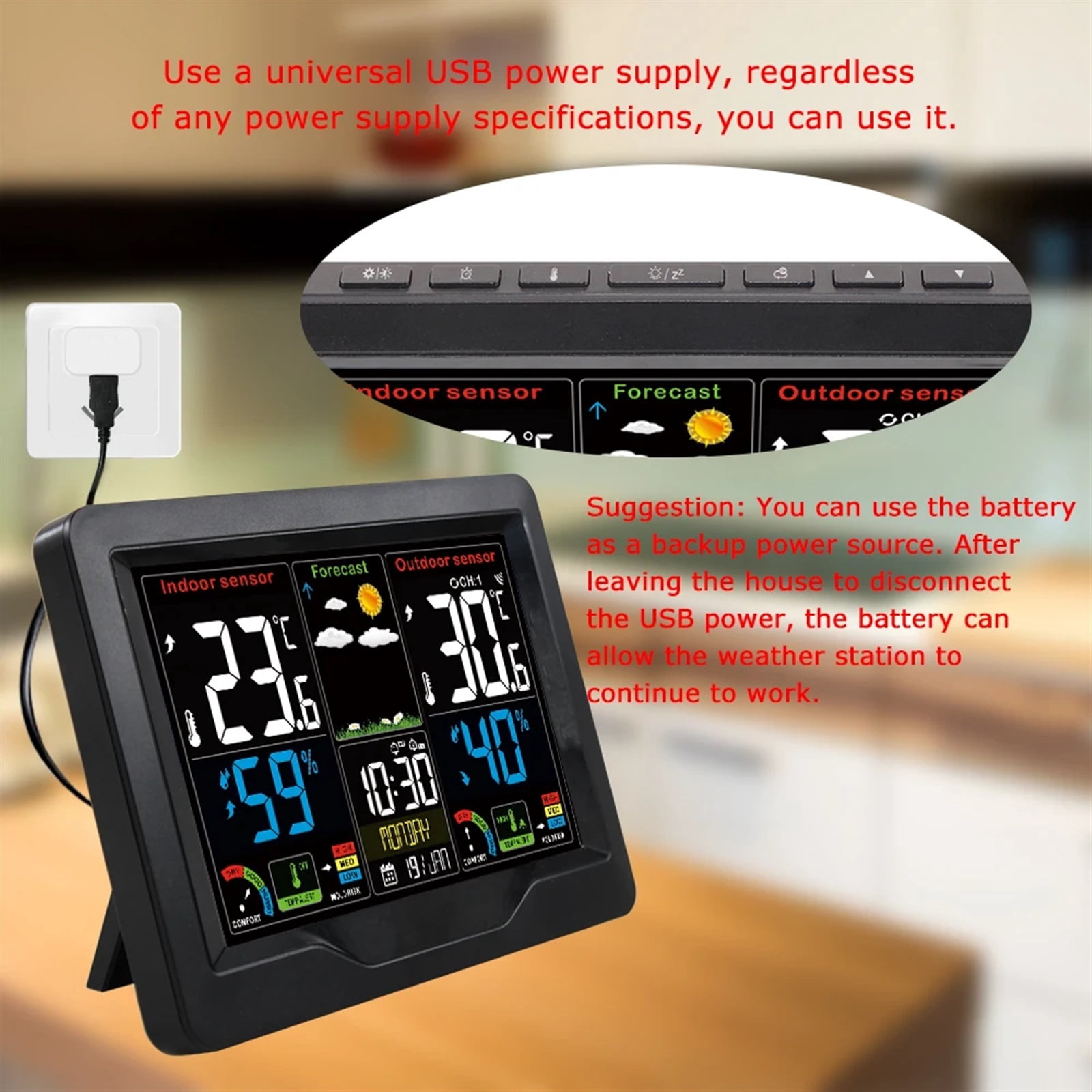 Weather Station Digital Alarm Clock Barometer Outdoor Sensor Temperature Humidity Measurance Weather Forcast Snooze Function ,High Precision