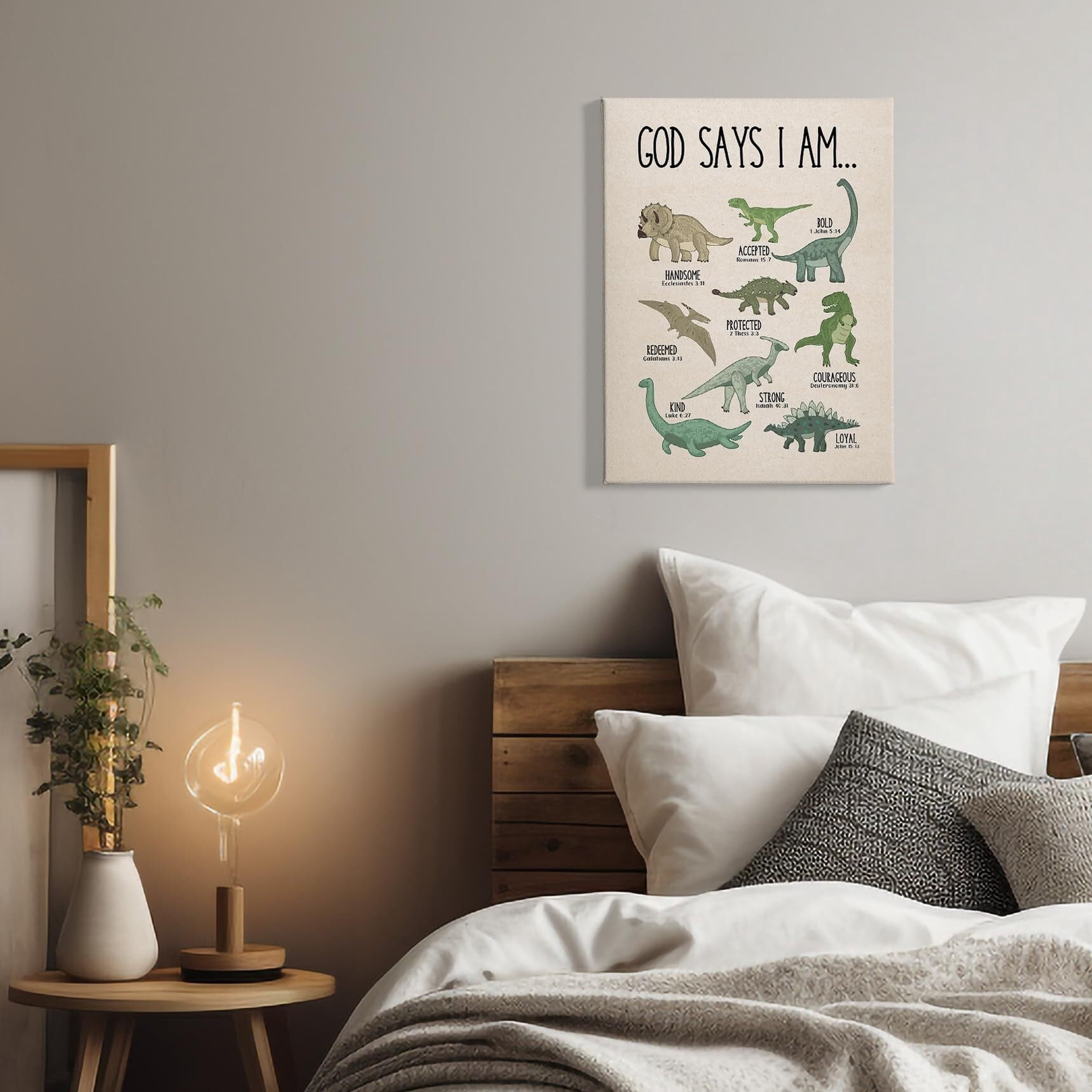 Christian Dinosaur Wall Art Decor Canvas, God Says I Am Bible Verse Dino Pictures Wall Decor Decorations Art, Dinosaur Scripture Framed Prints Artwork For Boys Kids Room Bedroom Playroom