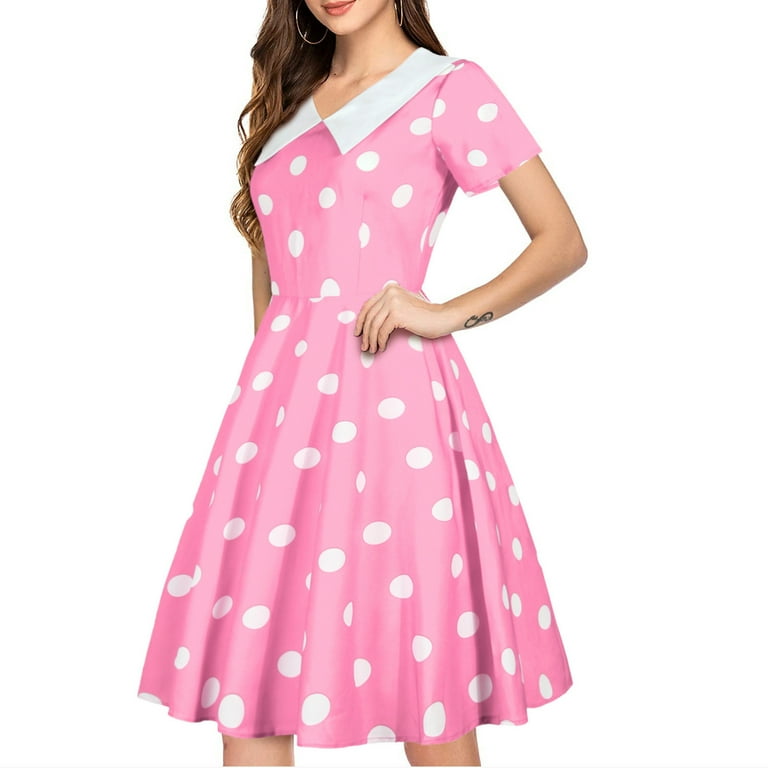 VALMASS Women s Pink Polka Dot Dress V Neck Short Sleeve Slim Casual Mini Dress Ladies Plus Size Waistband Dress 2XL B Pink Walmart