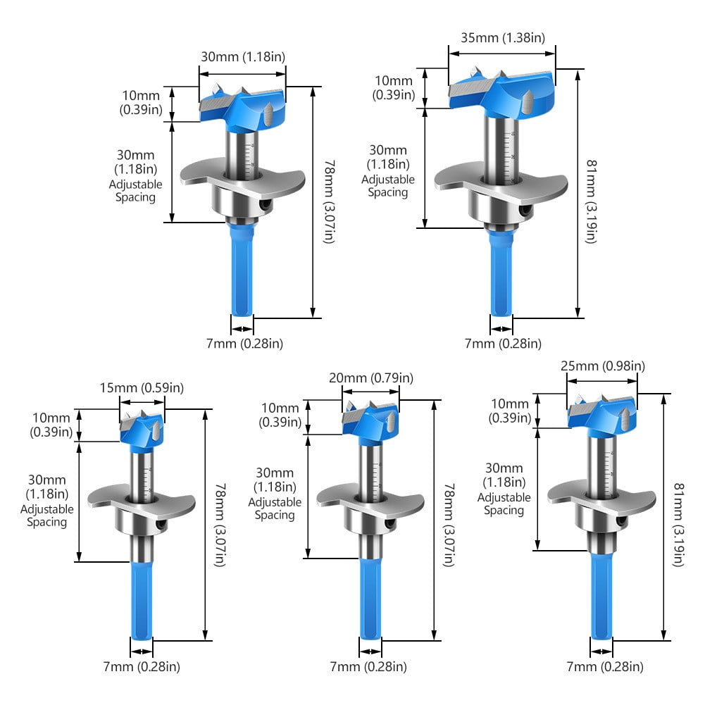 Woodworking Hole Drill Carbide Hinge Boring Bit Set Flat Wing Drill