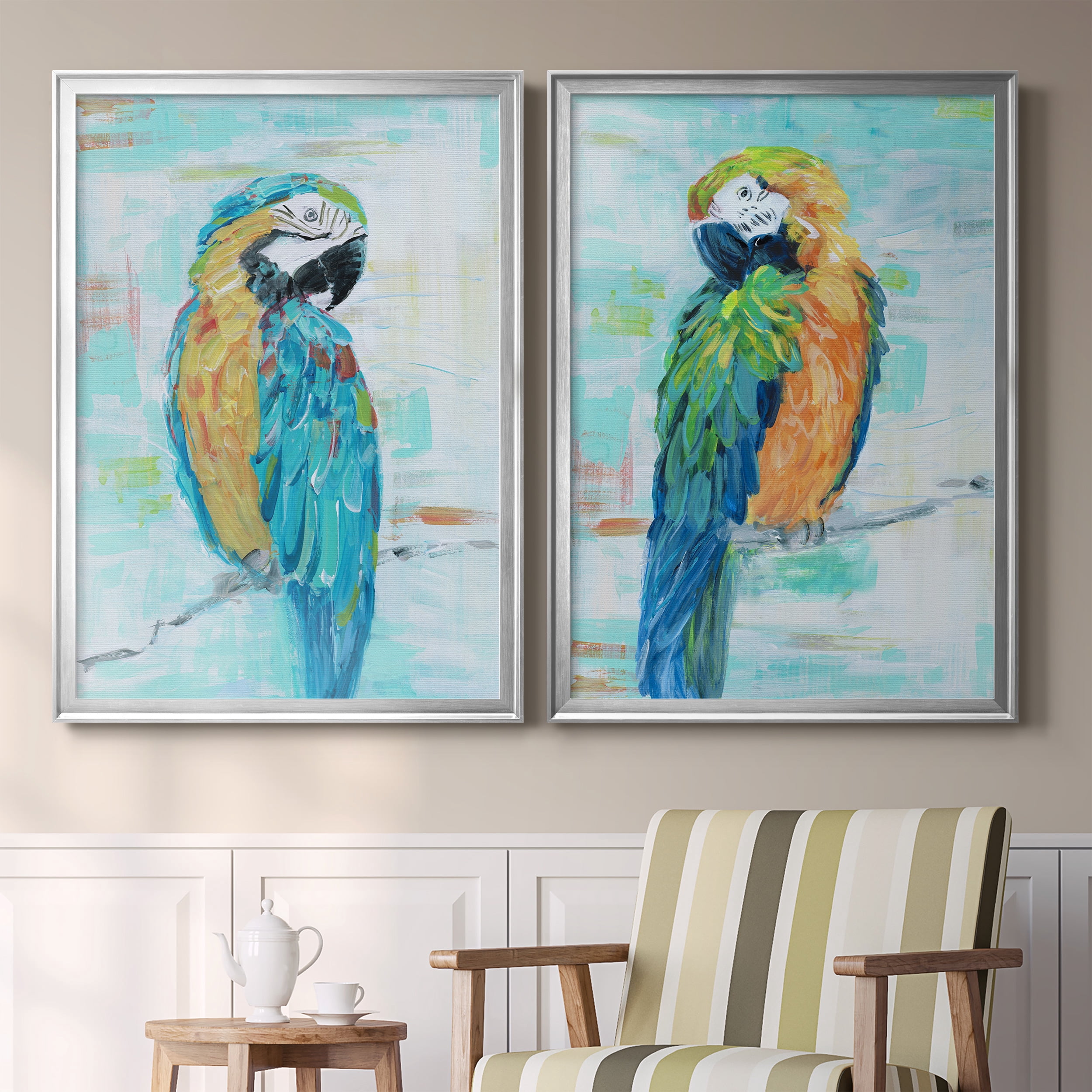 2 Piece Set Island Parrot I Premium Framed Canvas - Ready to Hang - 26.5 x 36.5 Each - Silver Frame