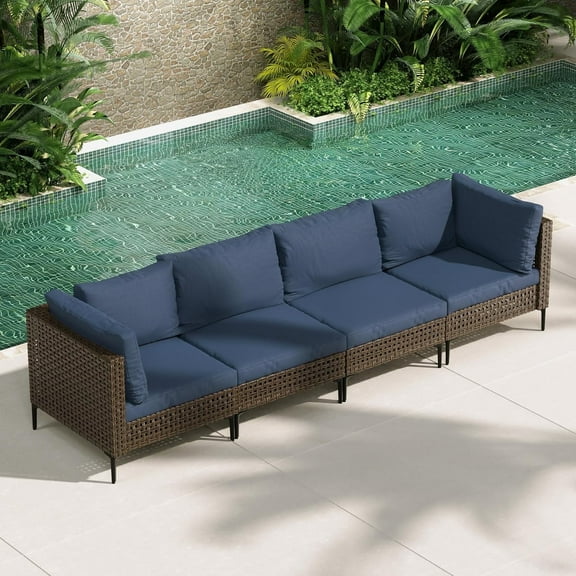 Grand Patio 4-Piece Wicker Patio Furniture Set, Retro Outdoor Conversation Set Sectional Sofa with Water Resistant Blue Thick Cushions(Coffee Table Not Inclueded), Brown