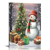 JEUXUS Snowman Pictures Decor Wall Art Holly Christmas Tree Winter Poster Canvas Print for Bathroom Kids New Year Gift 16x20 in