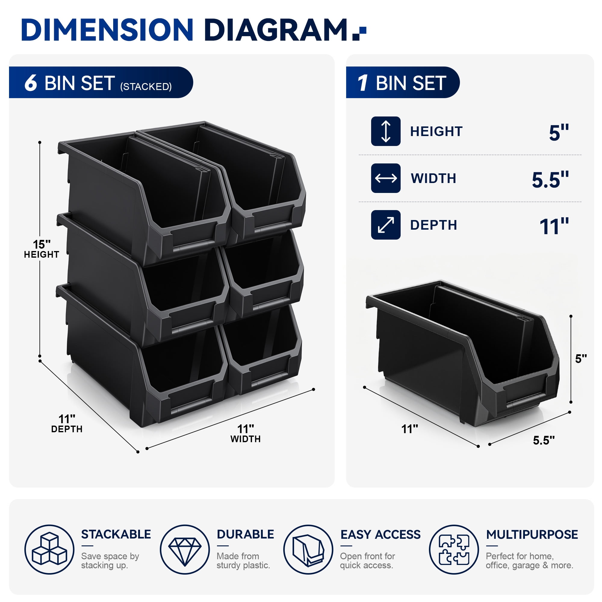 Sorbus Medium Open Front Stackable Pantry Storage Bins, 6-Pack, Black