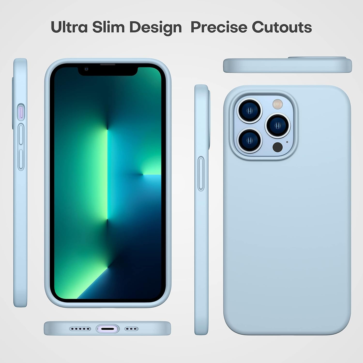 CellEver Heavy-Duty Silicone Case for iPhone 13 Pro - Two Shatterproof Glass Screen Protectors, Military Drop Protection, Scratch-Free Interior, Light Blue