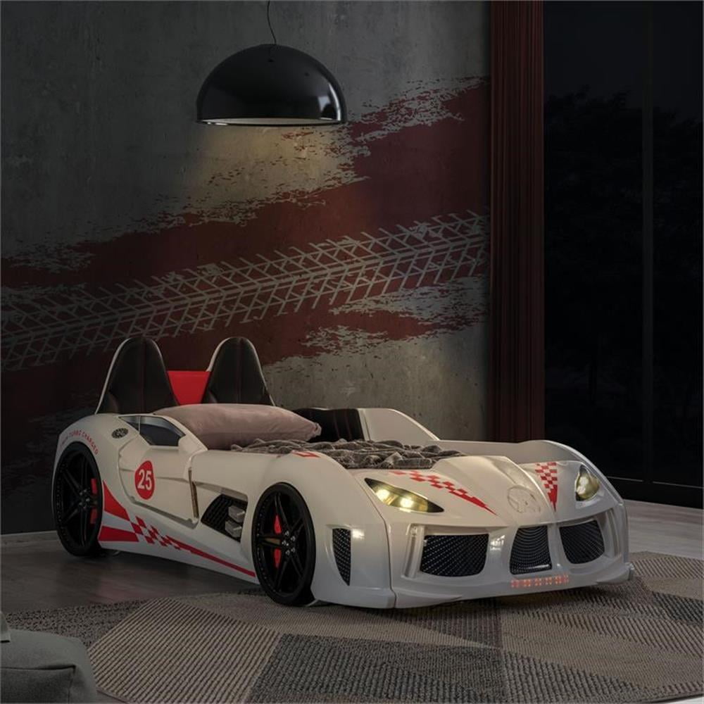 Furniture of America Sonet Plastic Twin Race Car Bed with LED Light in White