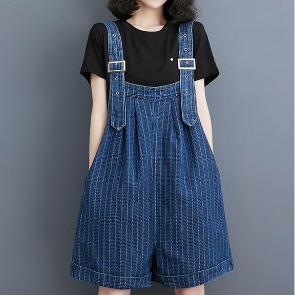 Sakmal Shorts Womens Blue Overalls Jean Wide Leg Rompers Denim Shorts with Pockets