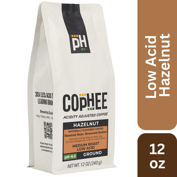 COpHEE - Low Acid Coffee for Reflux, Heartburn and Indigestion - Hazelnut - 12 oz Ground Medium Roast Arabica