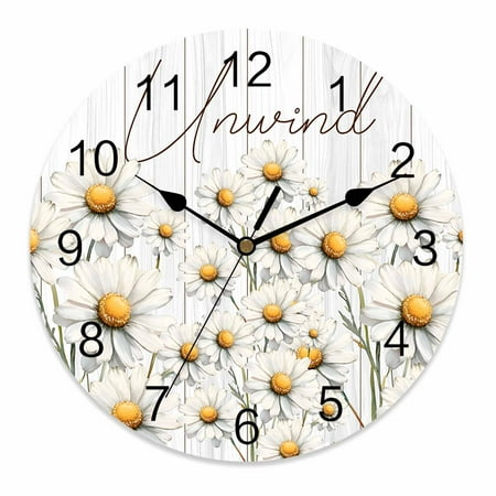 Silent Wall Clocks Battery Operated, Farmhouse Floral Round Decorative Wall Clock for Living Room Bedroom Kitchen Bathroom Classroom Decor, 10 Inch Relax Unwind Sign Daisy Wood Ivory White