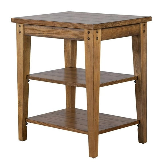 Pemberly Row Contemporary Brass Tiered Table in Oak